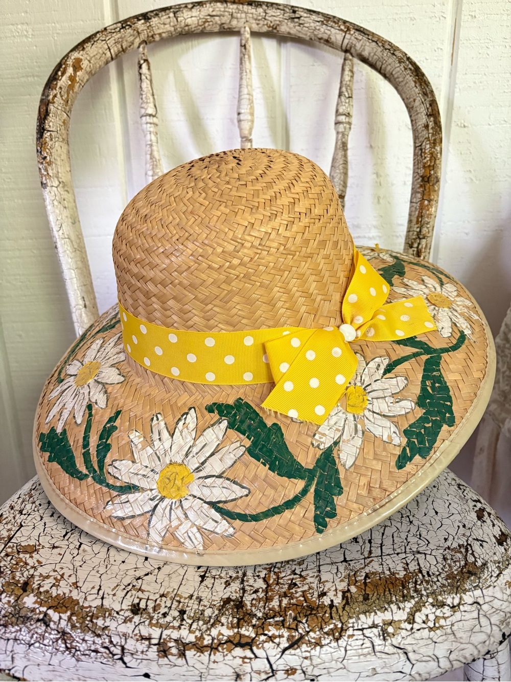 Yellow Polka Dot Ribbon Straw Sun Hat with Daisy Accents